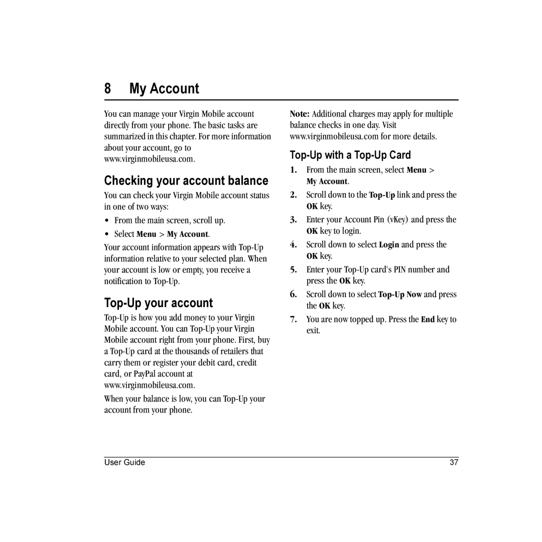 Kyocera Wild Card manual My Account, Checking your account balance, Top-Up your account, Top-Up with a Top-Up Card 