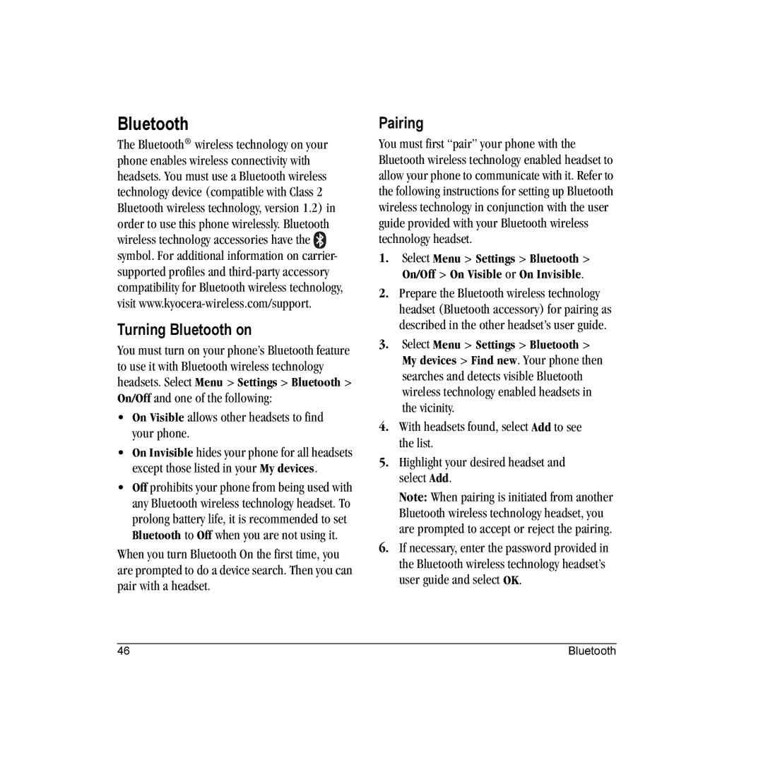 Kyocera Wild Card manual Turning Bluetooth on, Pairing, On Visible allows other headsets to find your phone 
