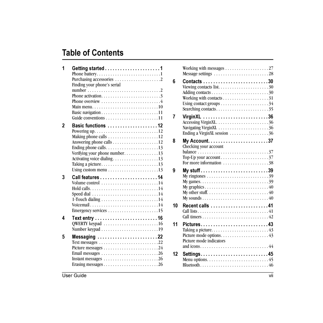 Kyocera Wild Card manual Table of Contents 