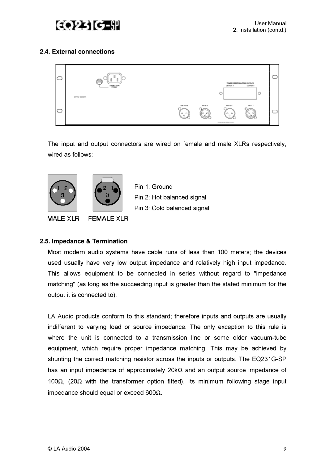 LA Audio Electronic EQ231G-SP user manual External connections, Impedance & Termination 