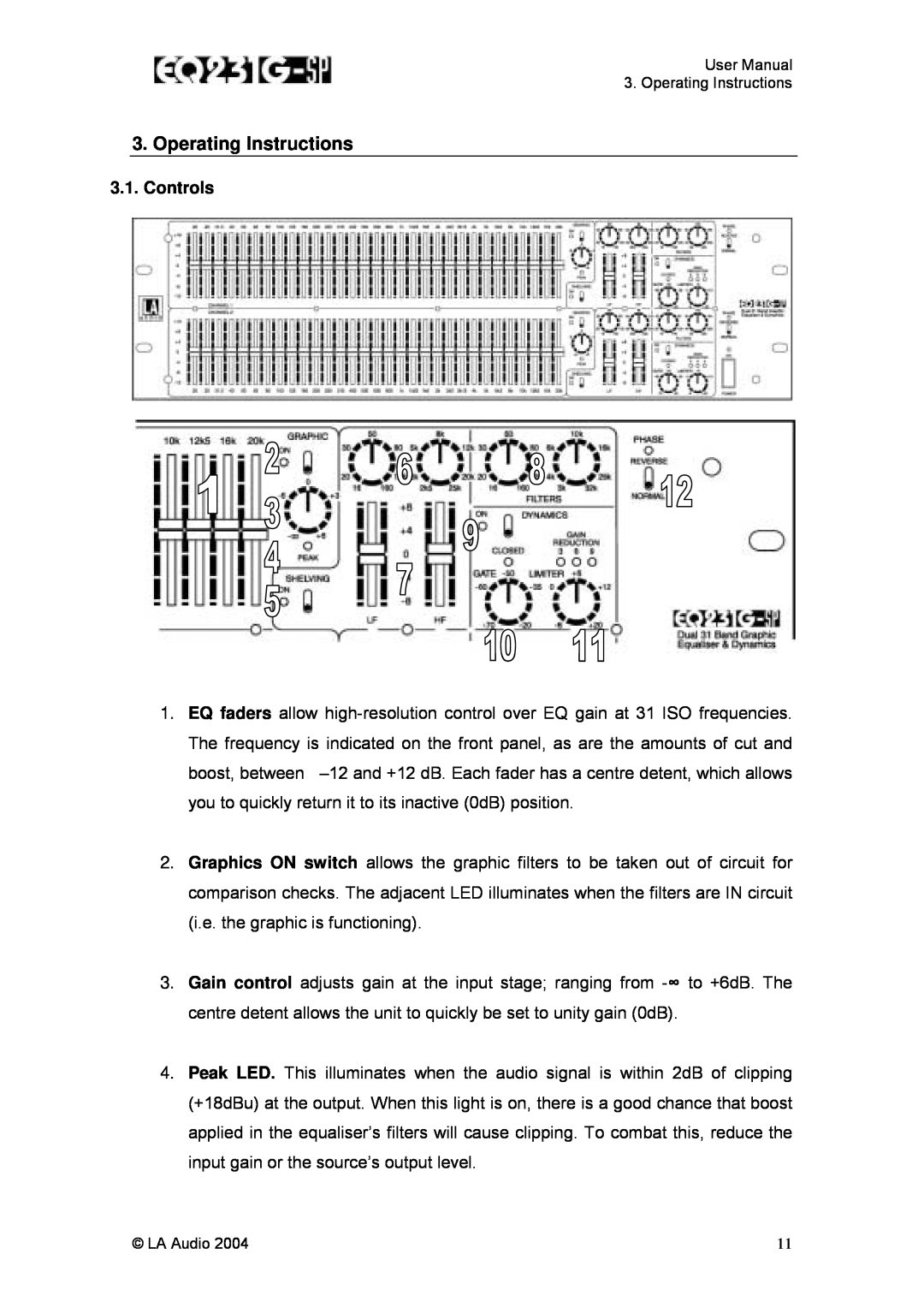LA Audio Electronic EQ231G-SP user manual Operating Instructions, Controls 