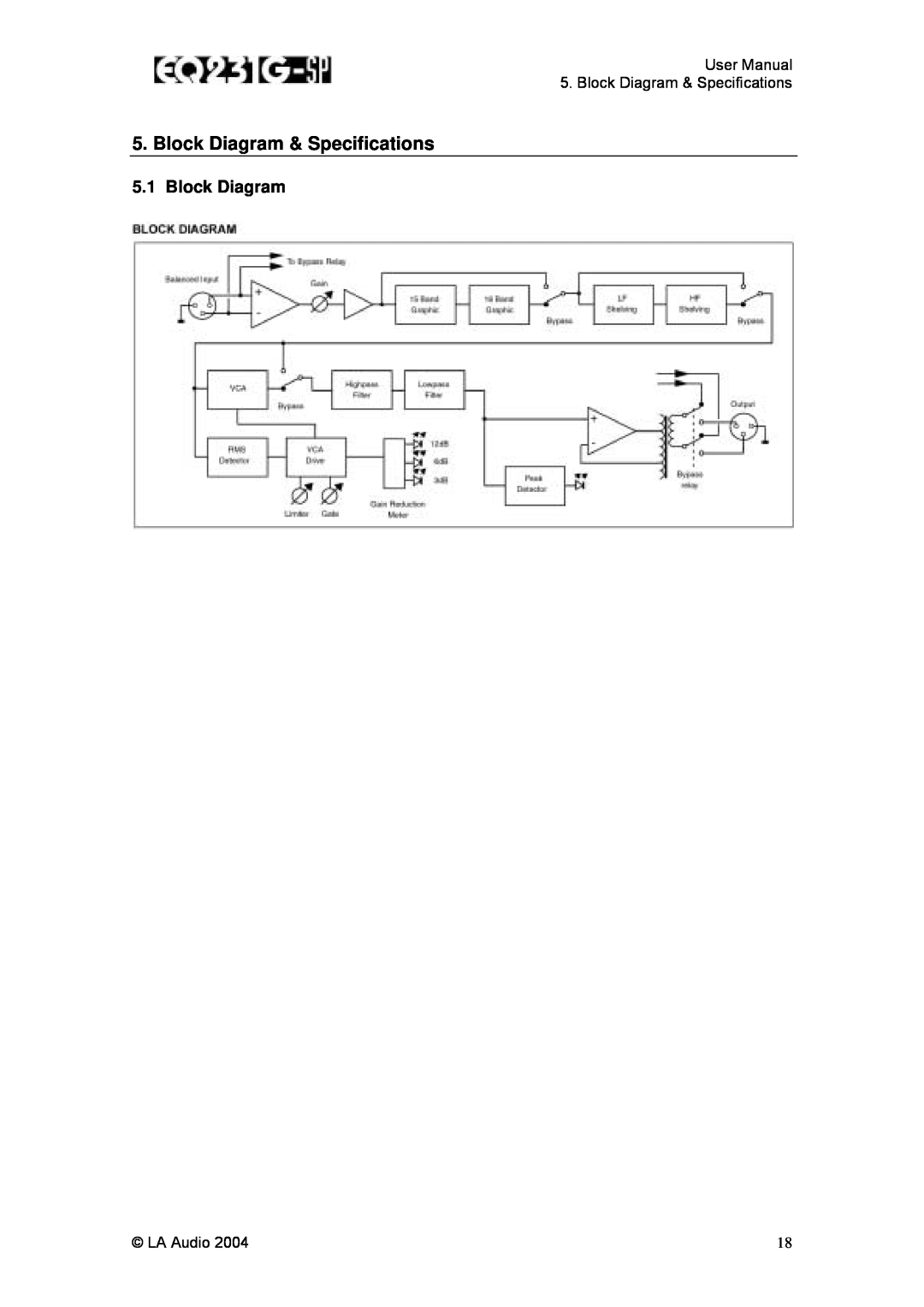 LA Audio Electronic EQ231G-SP user manual Block Diagram & Specifications, LA Audio 