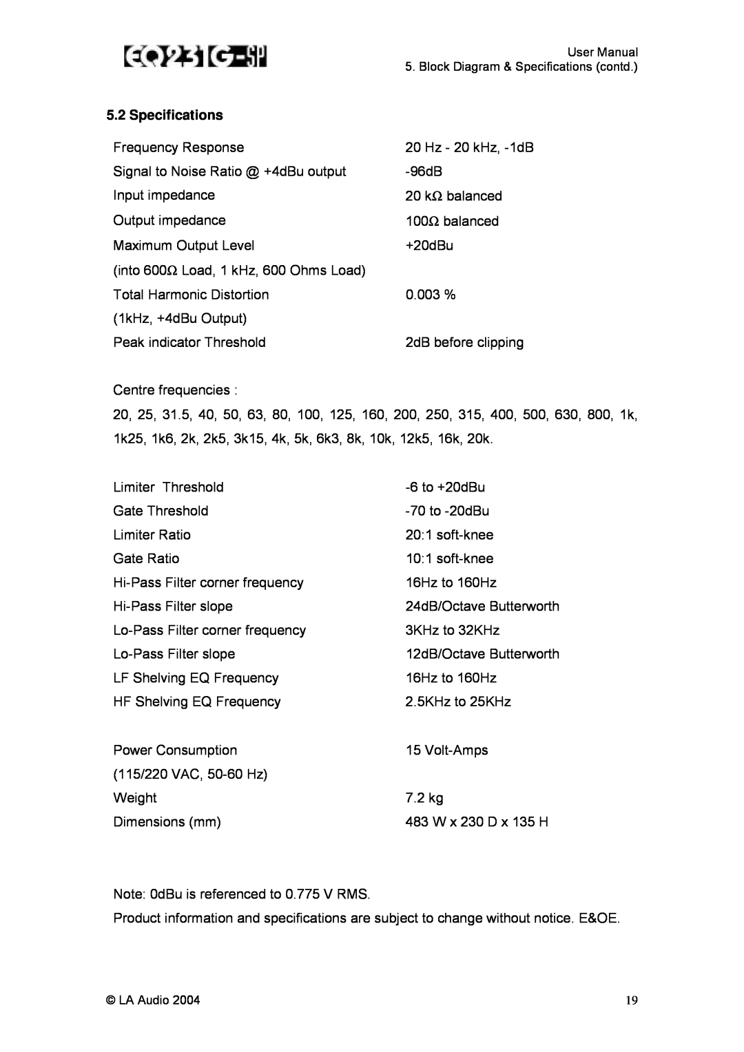 LA Audio Electronic EQ231G-SP user manual Specifications 