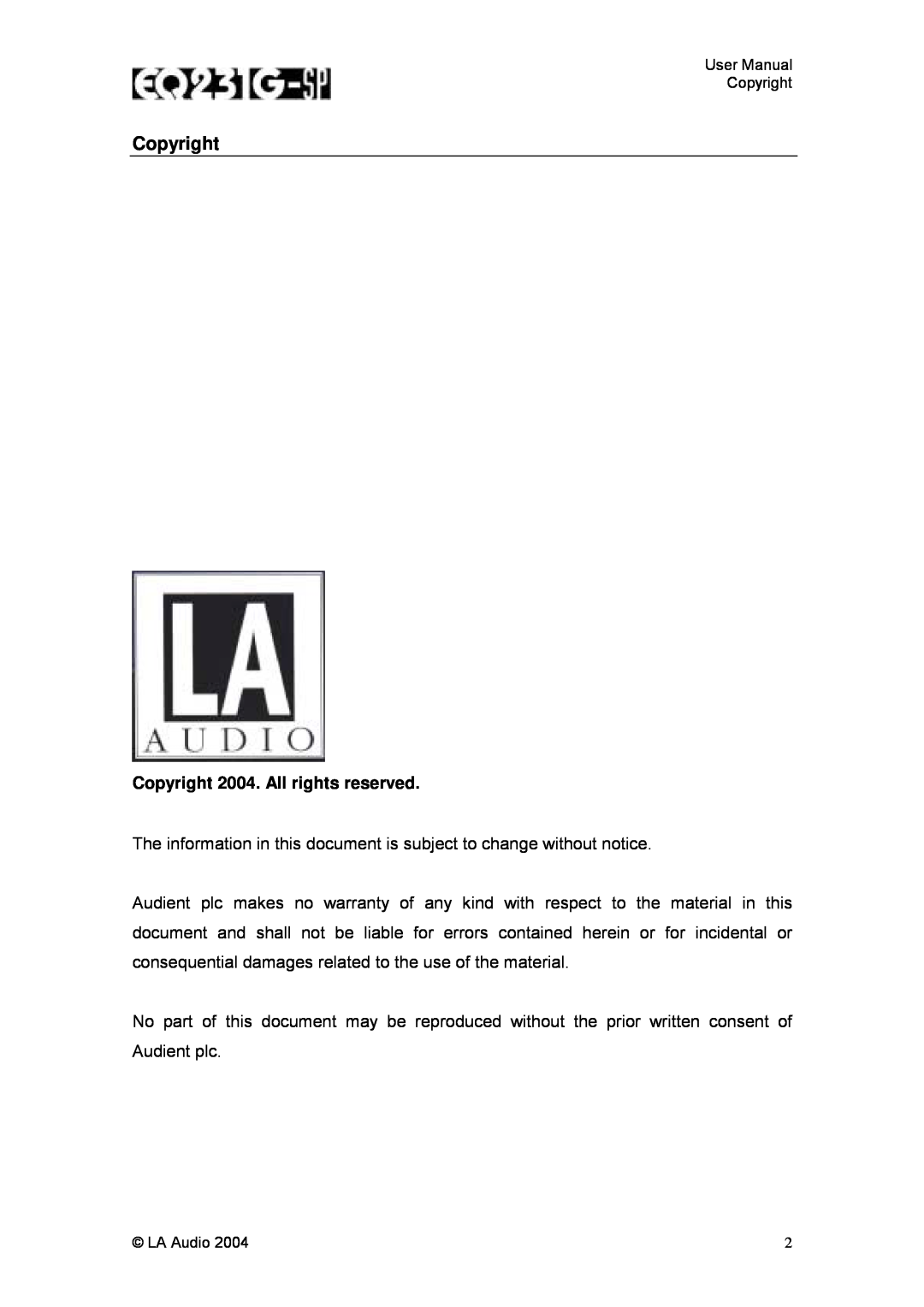 LA Audio Electronic EQ231G-SP user manual Copyright 2004. All rights reserved 