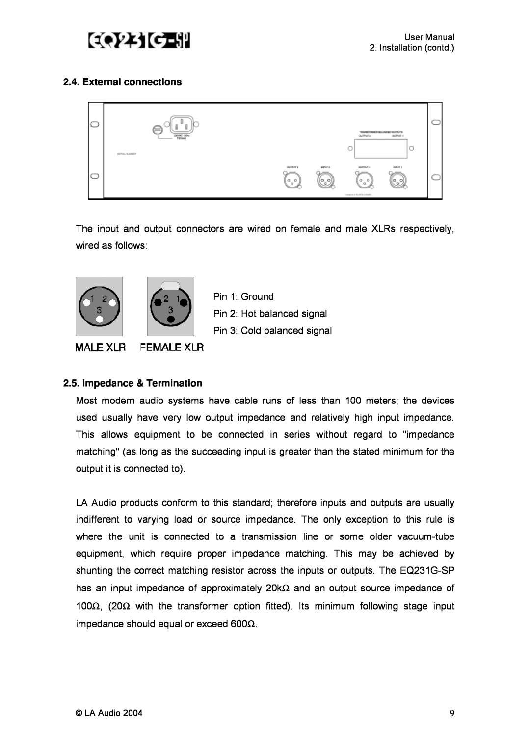 LA Audio Electronic EQ231G-SP user manual External connections, Impedance & Termination 