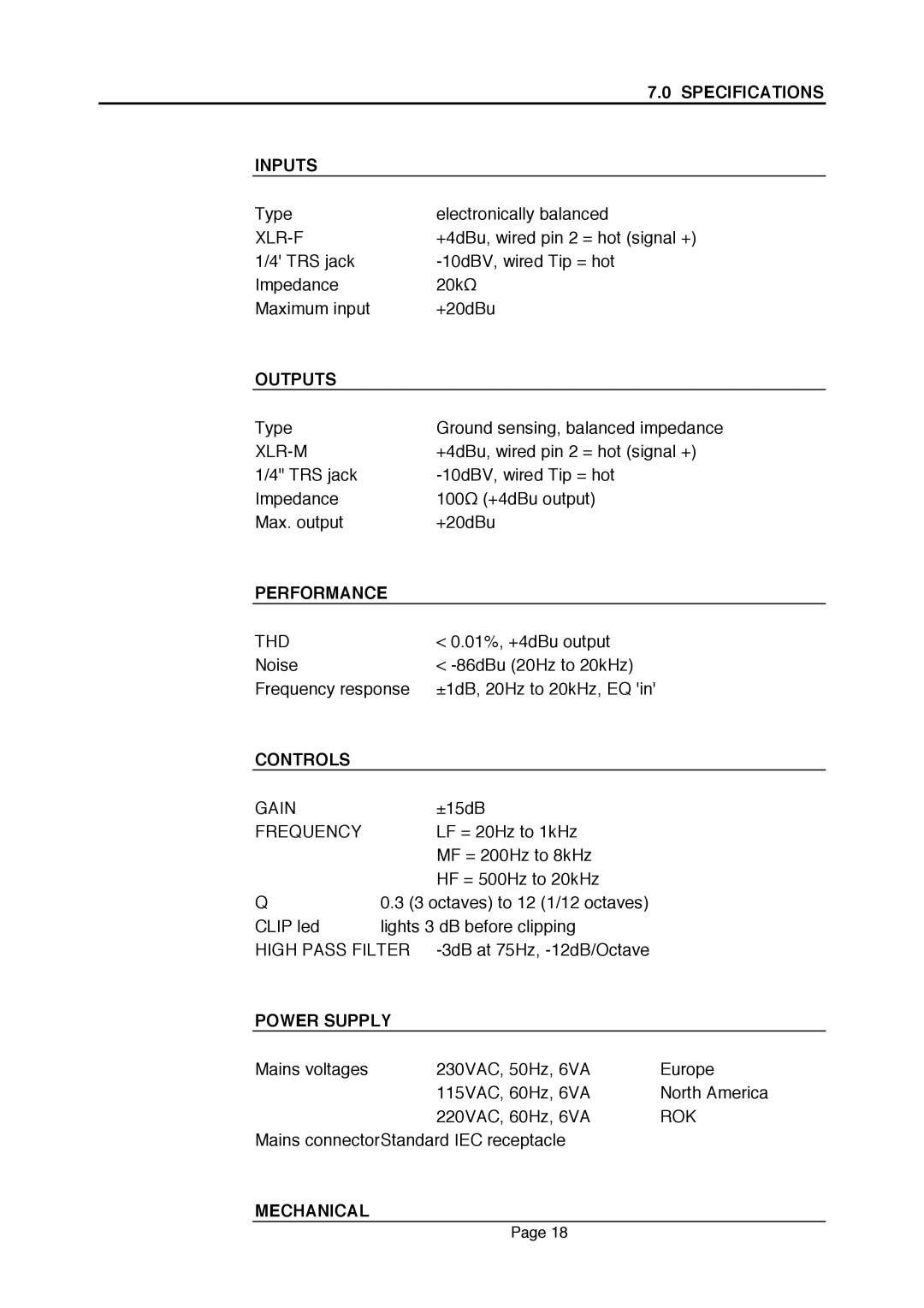 LA Audio Electronic EQX20 operation manual Specifications, Inputs, Outputs, Performance, Controls, Power Supply, Mechanical 