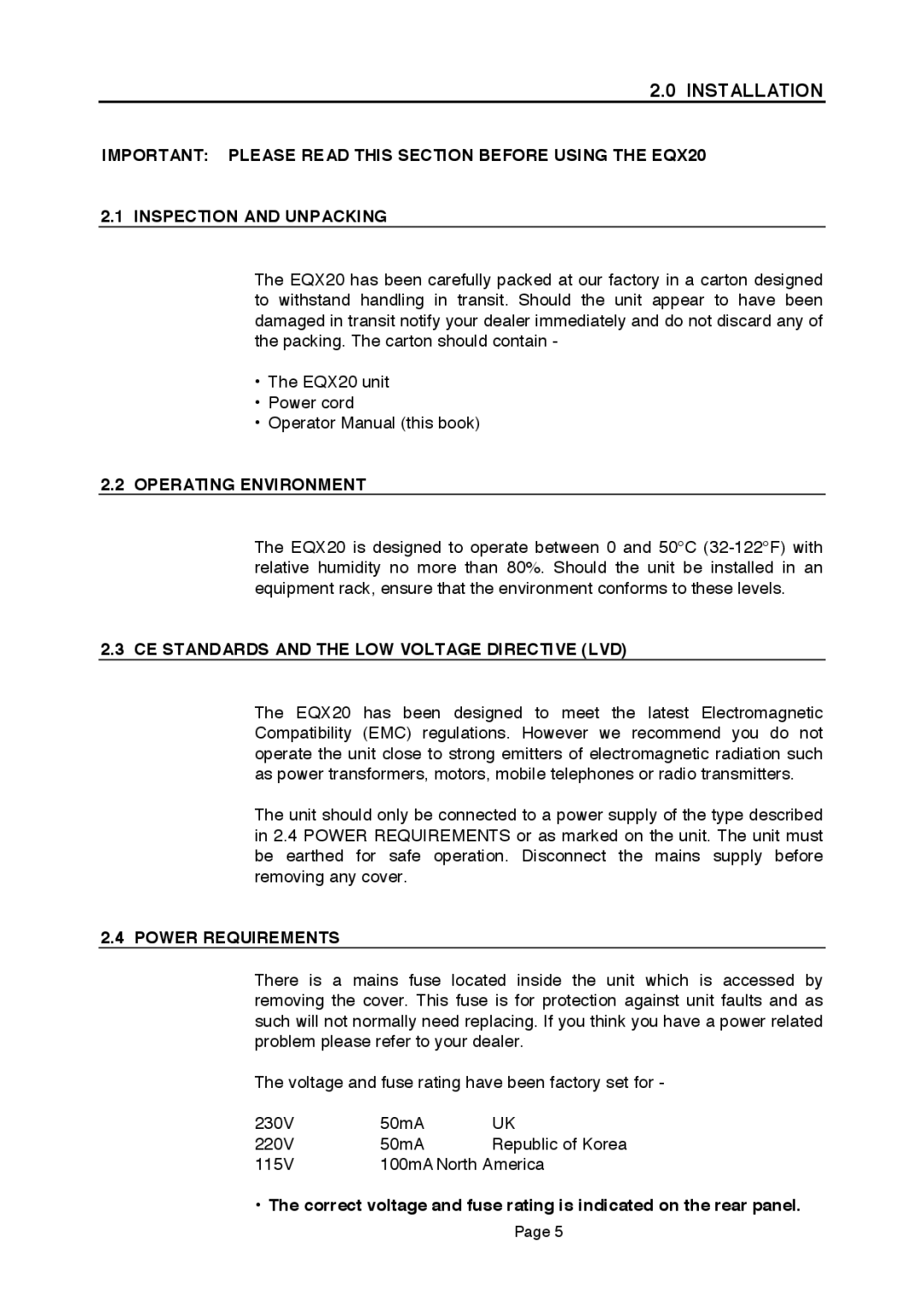 LA Audio Electronic EQX20 Installation, Operating Environment, CE Standards and the LOW Voltage Directive LVD 