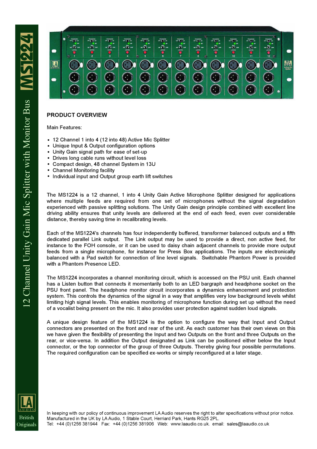 LA Audio Electronic MS1224 specifications Channel Unity Gain Mic Splitter with Monitor Bus, Product Overview 