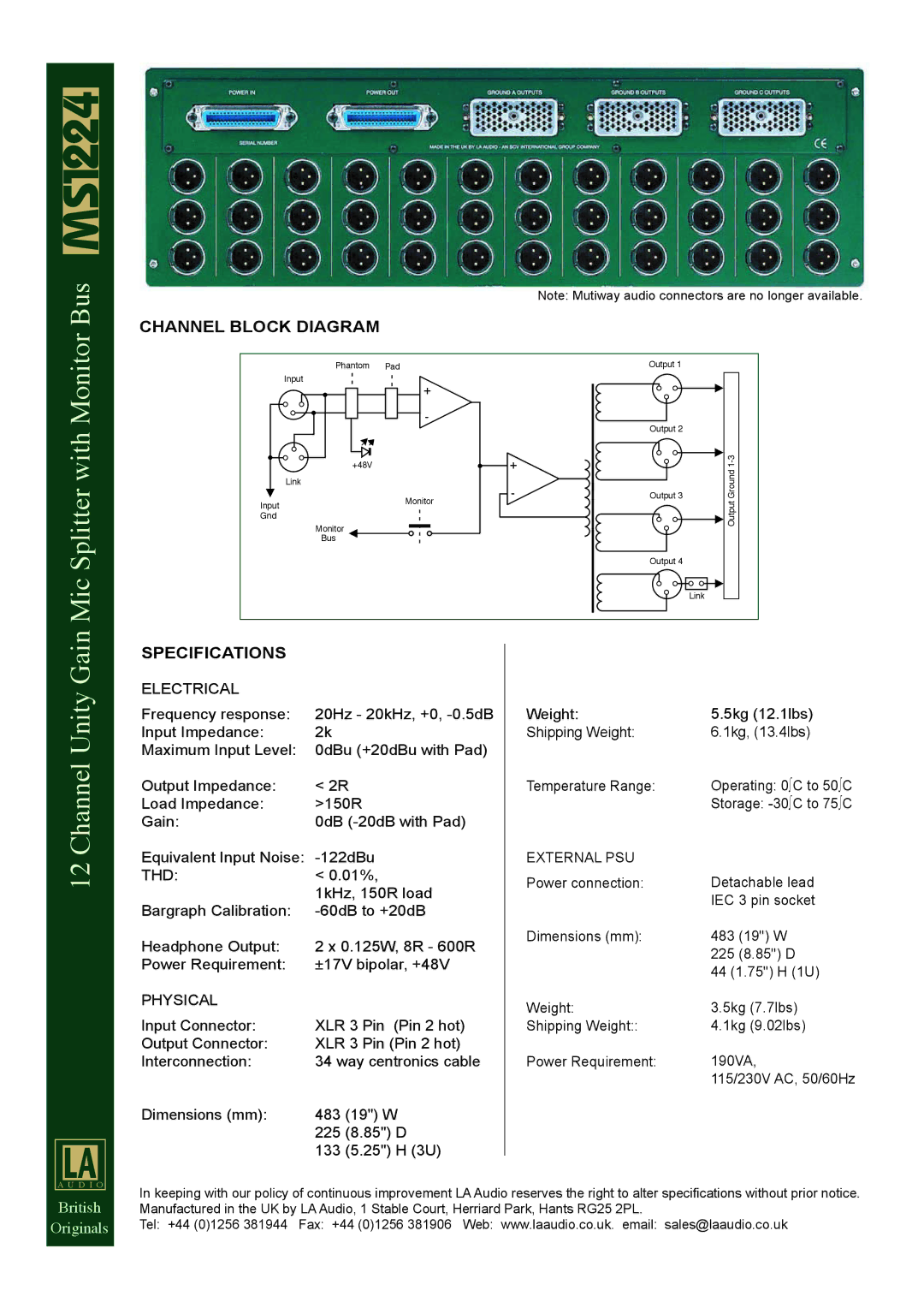 LA Audio Electronic MS1224 specifications Channel Block Diagram, Specifications 