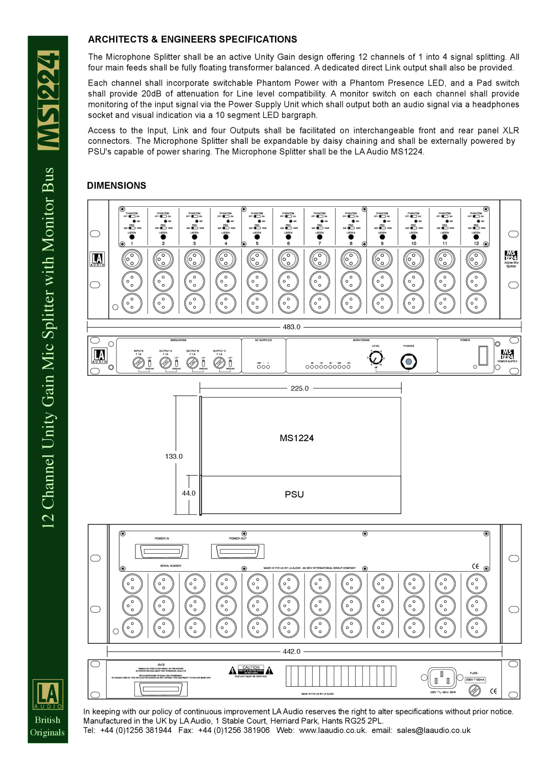 LA Audio Electronic MS1224 specifications Architects & Engineers Specifications, Dimensions, Psu 