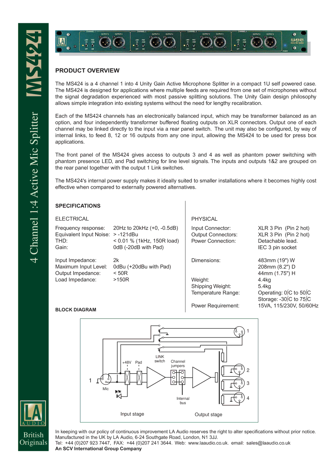 LA Audio Electronic MS424 specifications Active Mic Splitter, Channel, Specifications 