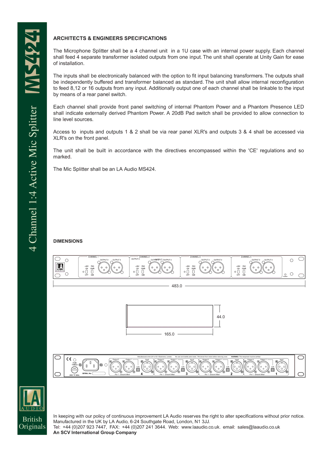 LA Audio Electronic MS424 specifications Channel 14 Active Mic Splitter, Architects & Engineers Specifications 