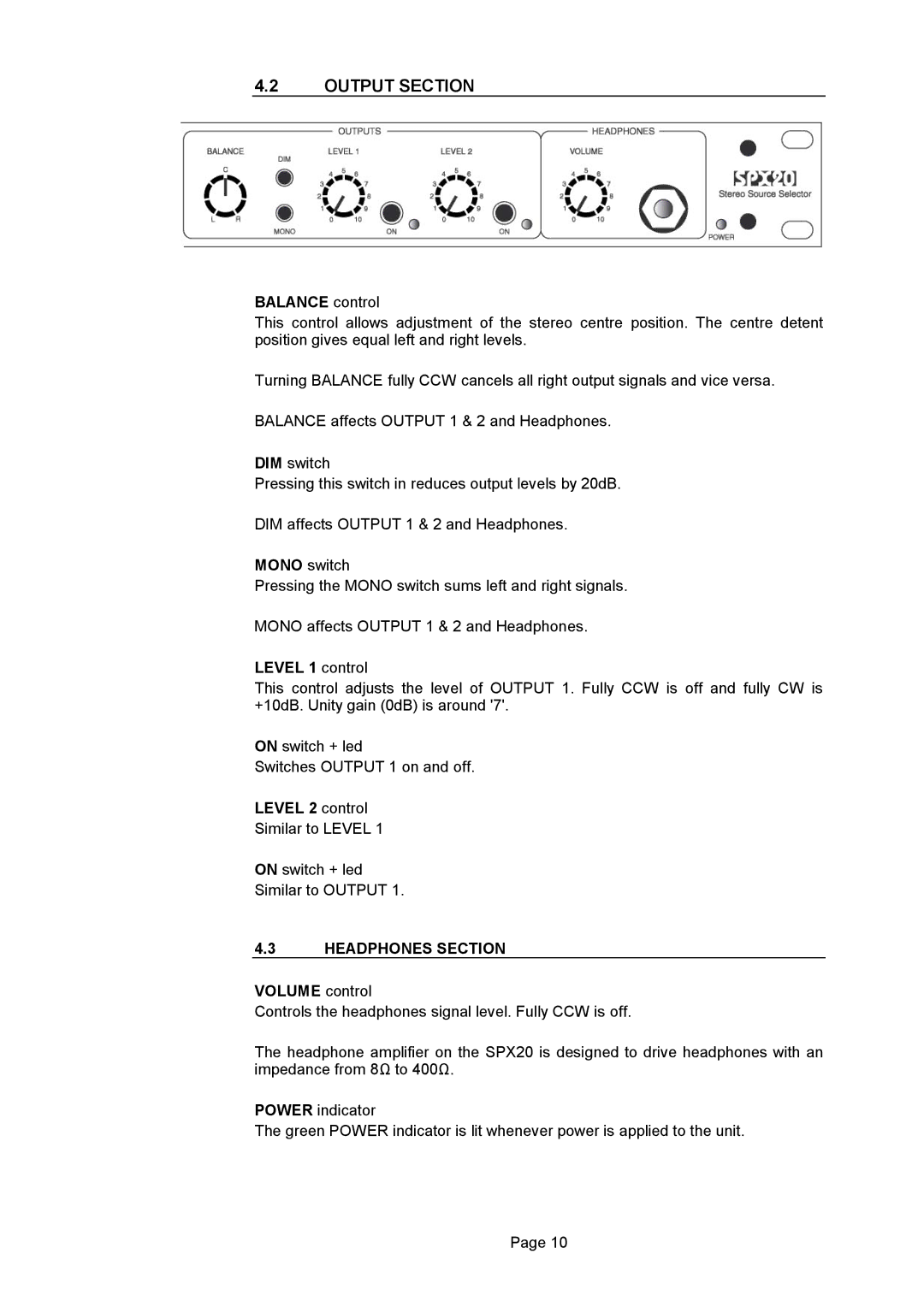 LA Audio Electronic SPX20 operation manual Output Section, Headphones Section 