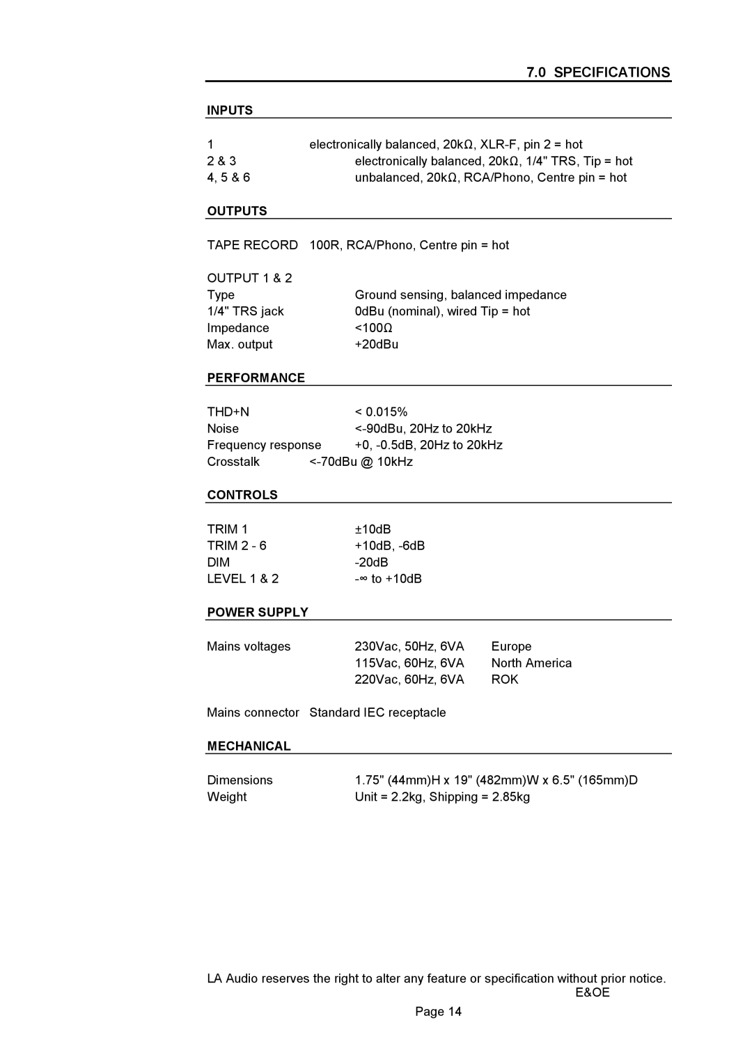 LA Audio Electronic SPX20 operation manual Specifications 