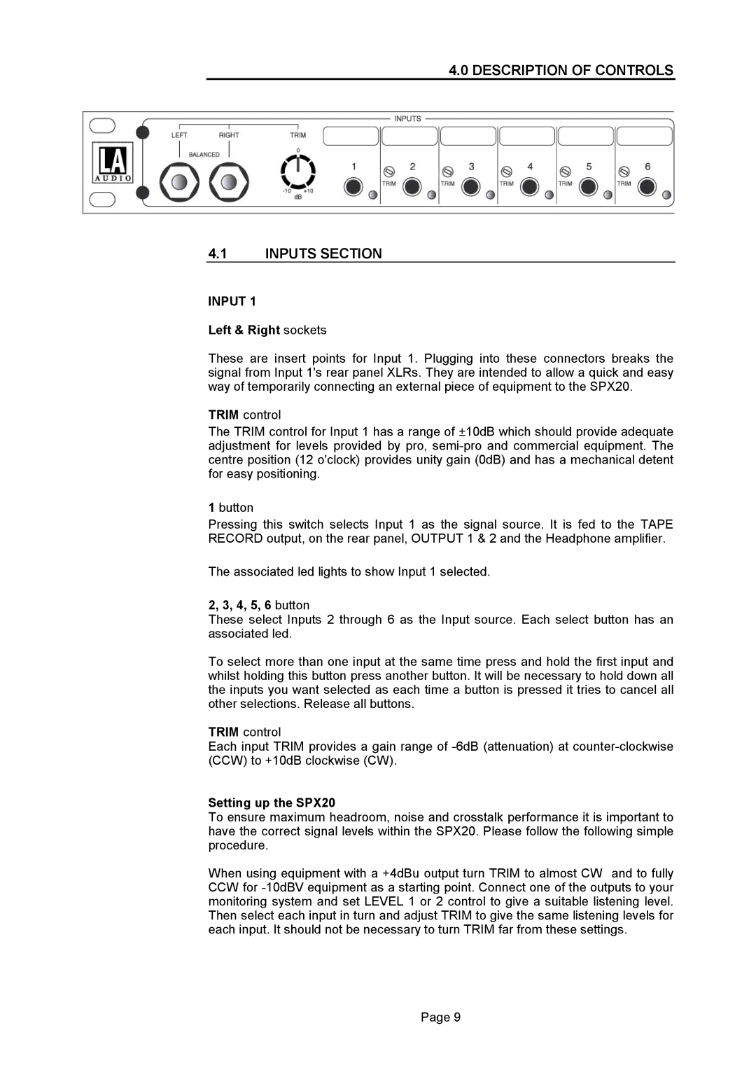 LA Audio Electronic SPX20 operation manual Description of Controls Inputs Section 