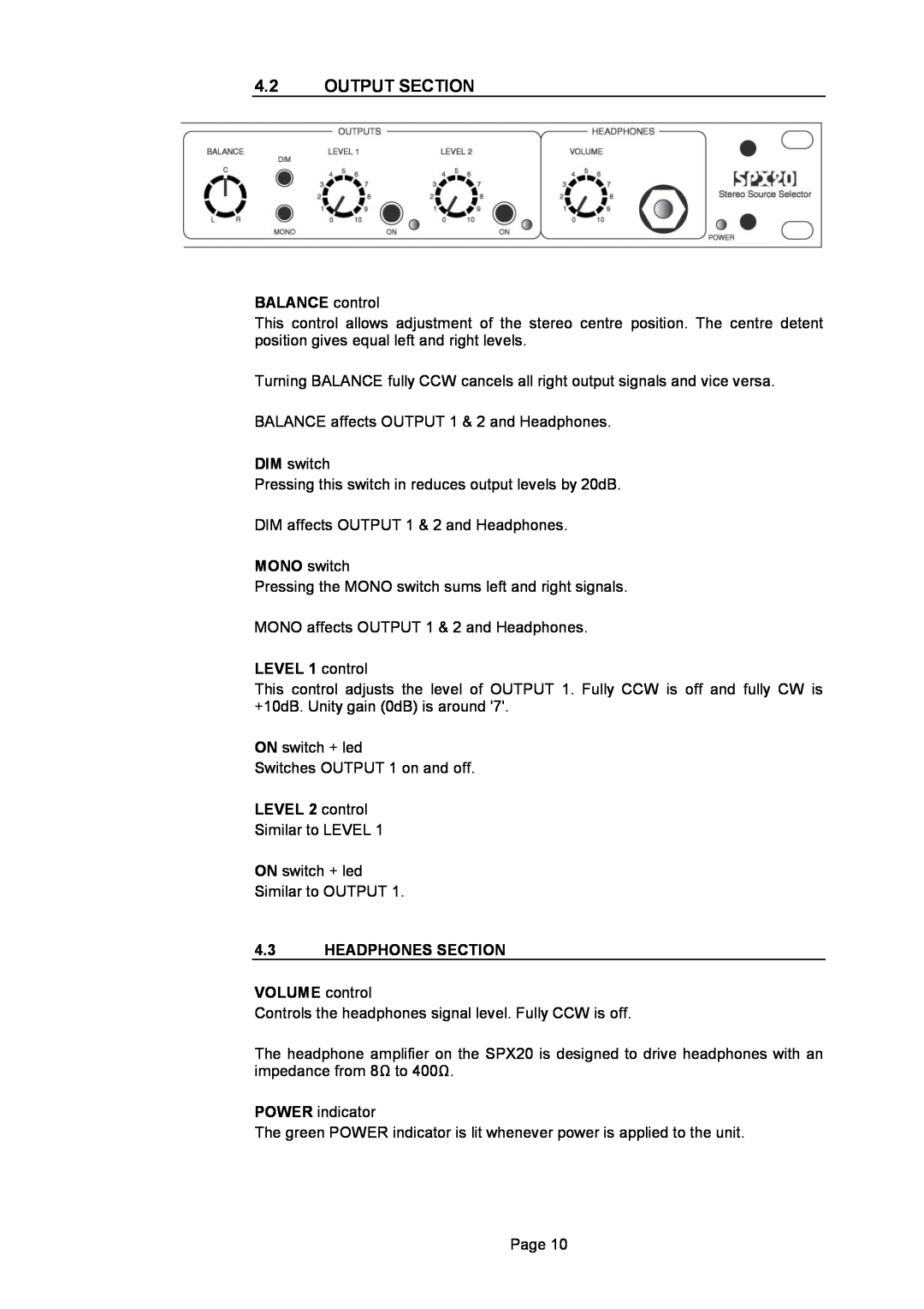 LA Audio Electronic SPX20 operation manual 4.2OUTPUT SECTION, BALANCE control, LEVEL 1 control, LEVEL 2 control 