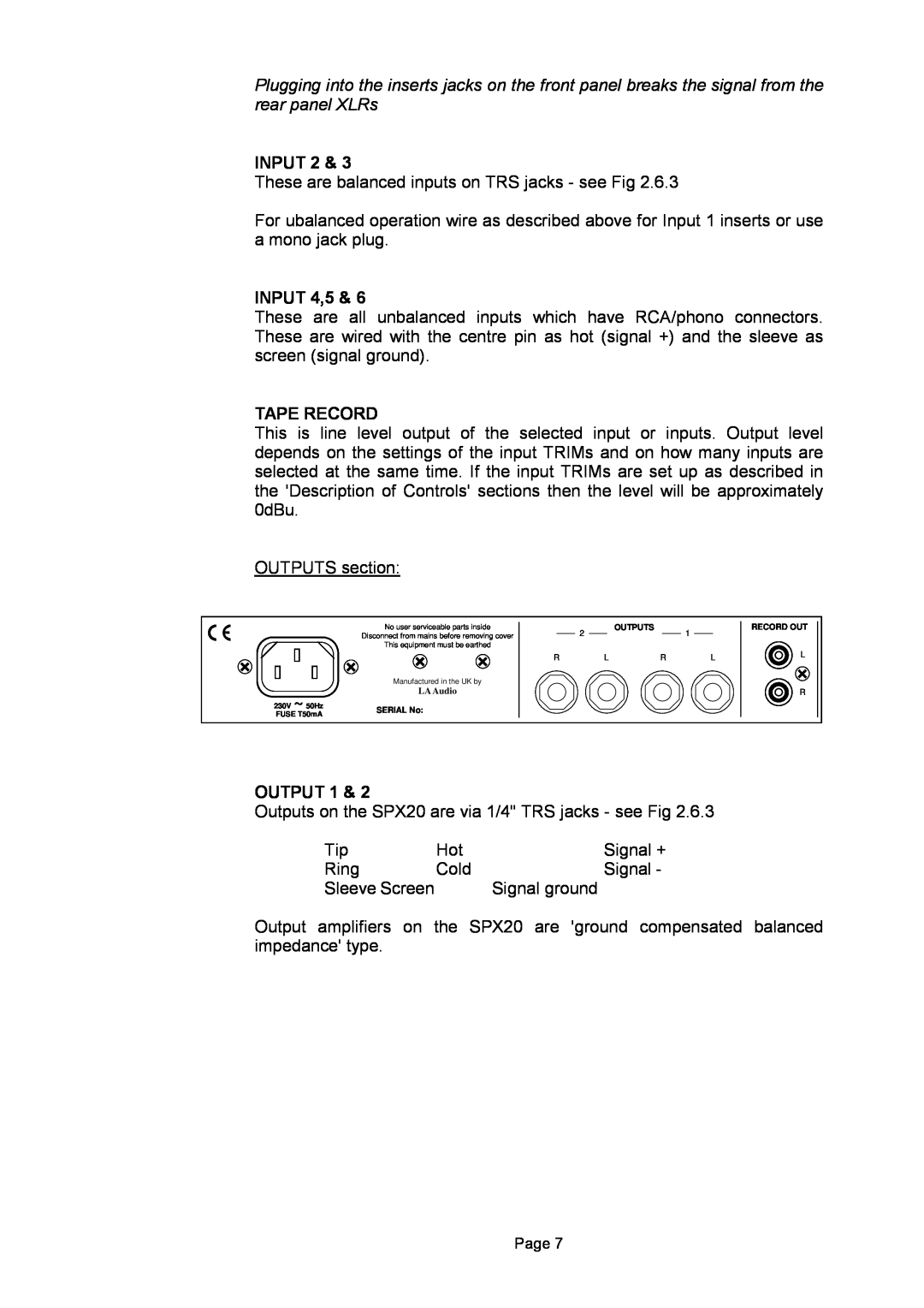 LA Audio Electronic SPX20 operation manual Input, INPUT 4,5, Tape Record, Output 