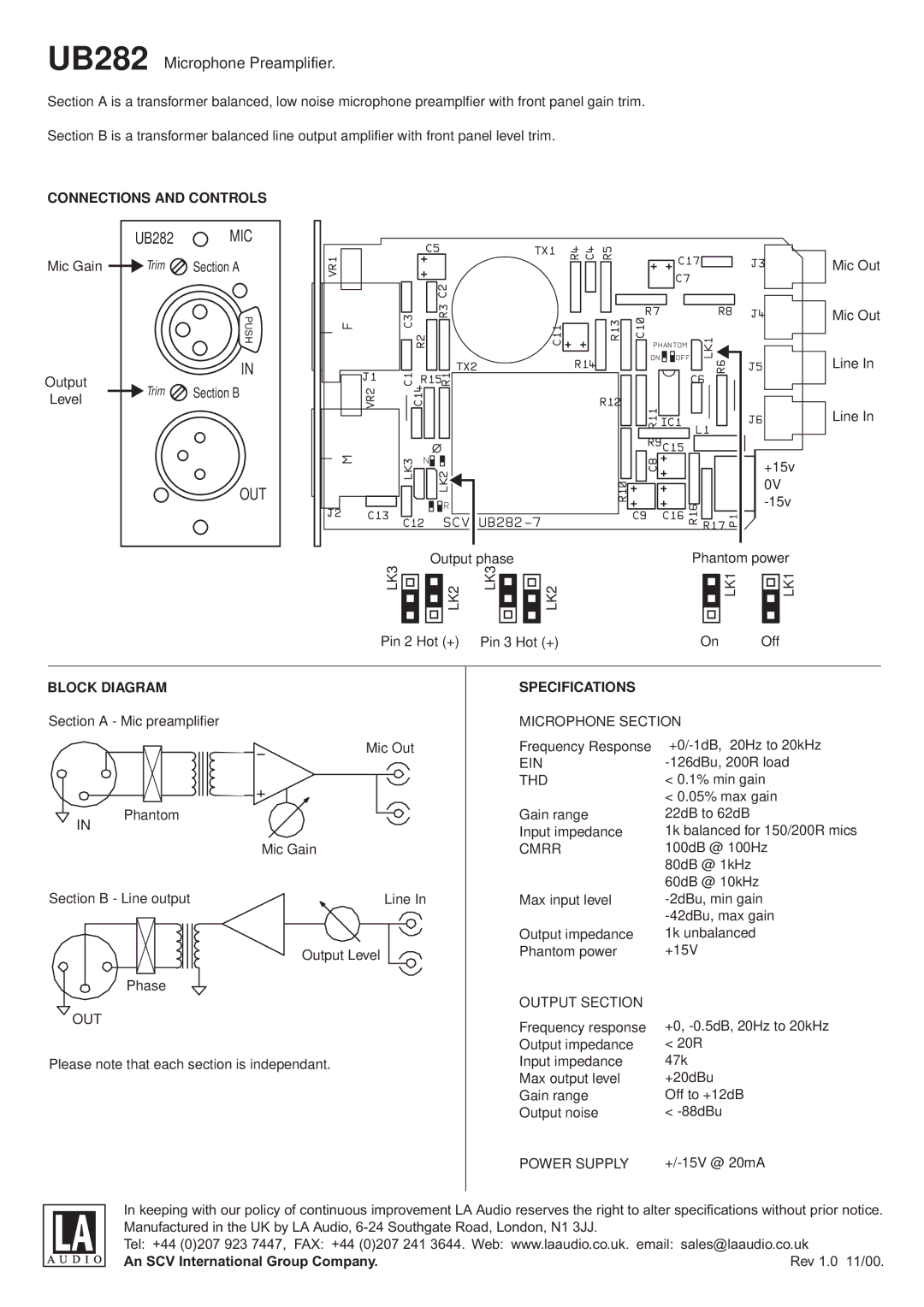 LA Audio Electronic specifications Out, UB282 Microphone Preamplifier 