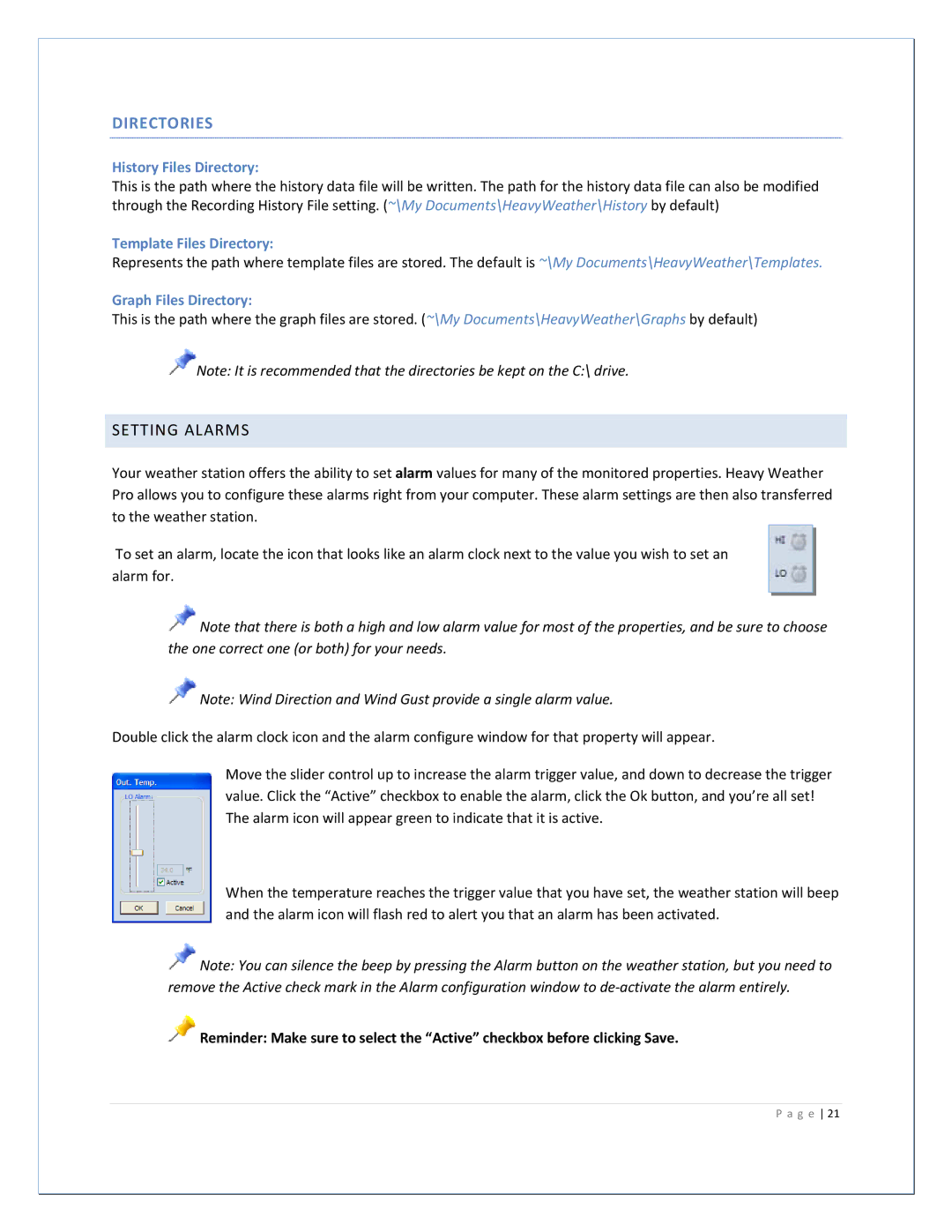 La Crosse Technology 2800 manual Directories, Setting Alarms, History Files Directory, Template Files Directory 