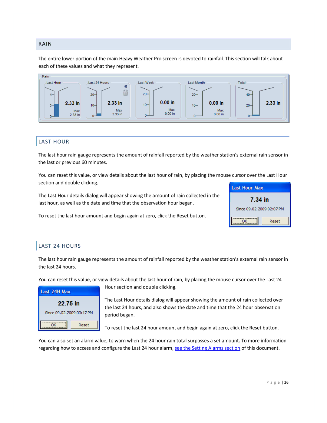 La Crosse Technology 2800 manual Rain, Last Hour, Last 24 Hours 