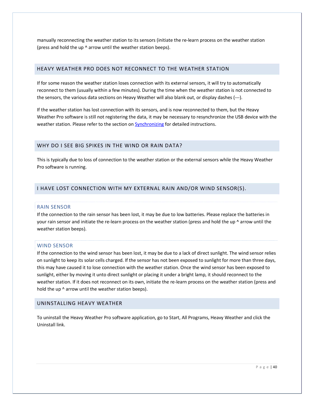 La Crosse Technology 2800 manual Heavy Weather PRO does not Reconnect to the Weather Station, Uninstalling Heavy Weather 