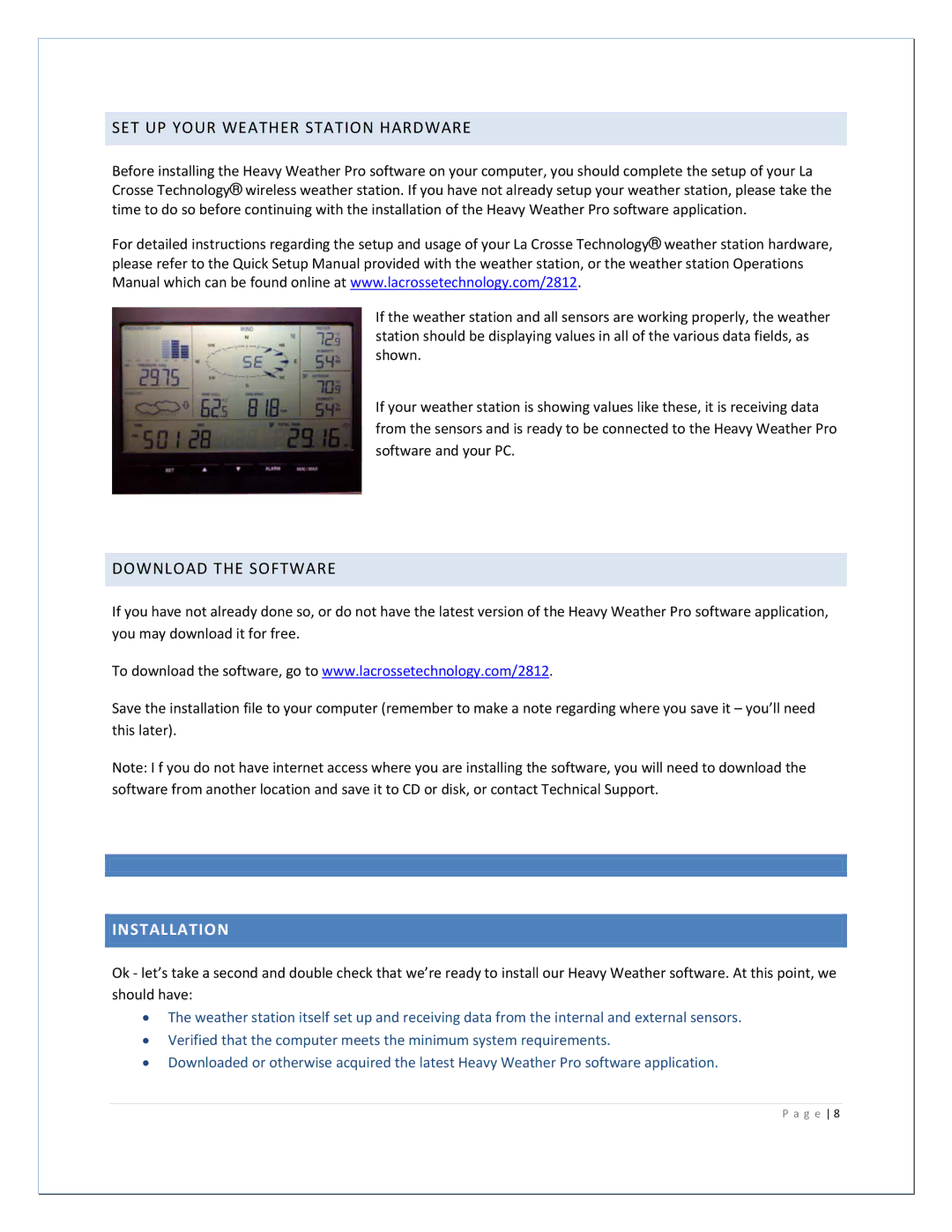 La Crosse Technology 2800 manual SET UP Your Weather Station Hardware, Download the Software, Installation 