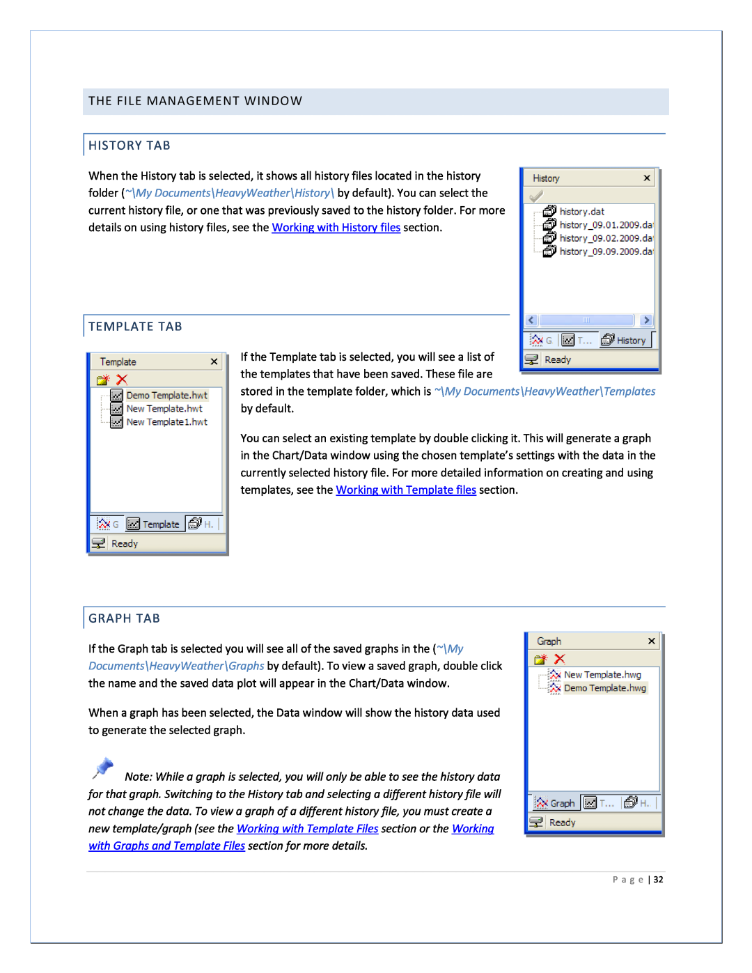 La Crosse Technology 2800 manual The File Management Window, History Tab, Template Tab, Graph Tab 