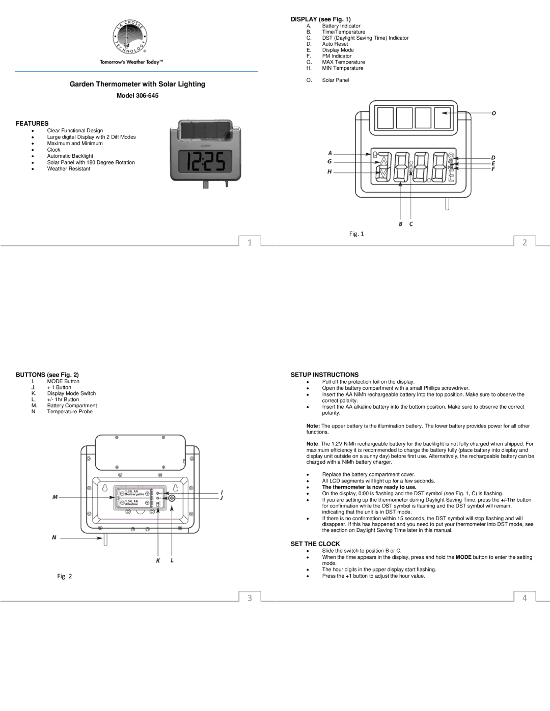 La Crosse Technology 306-645 manual Features, Setup Instructions, SET the Clock 