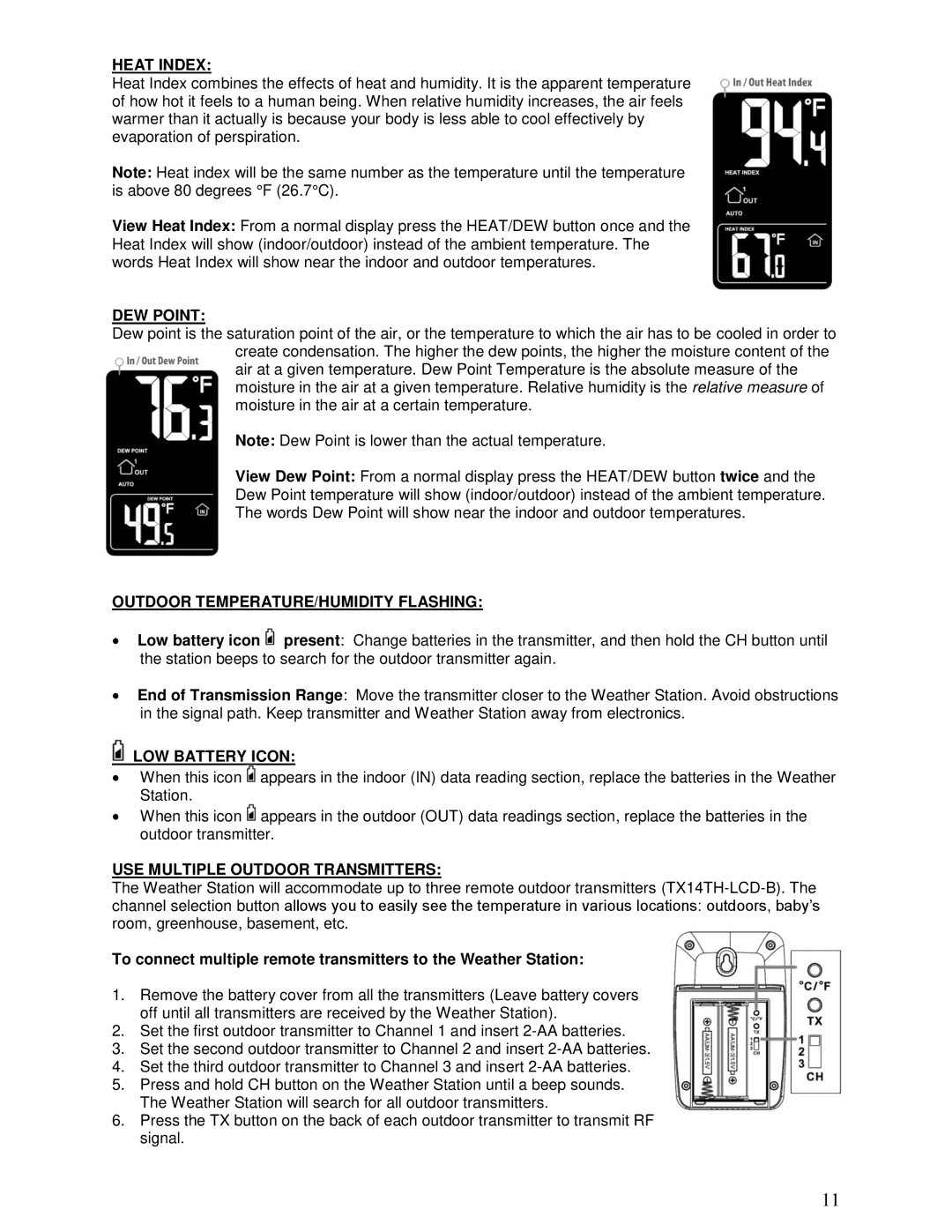 La Crosse Technology 308-145B manual Outdoor TEMPERATURE/HUMIDITY Flashing, USE Multiple Outdoor Transmitters 