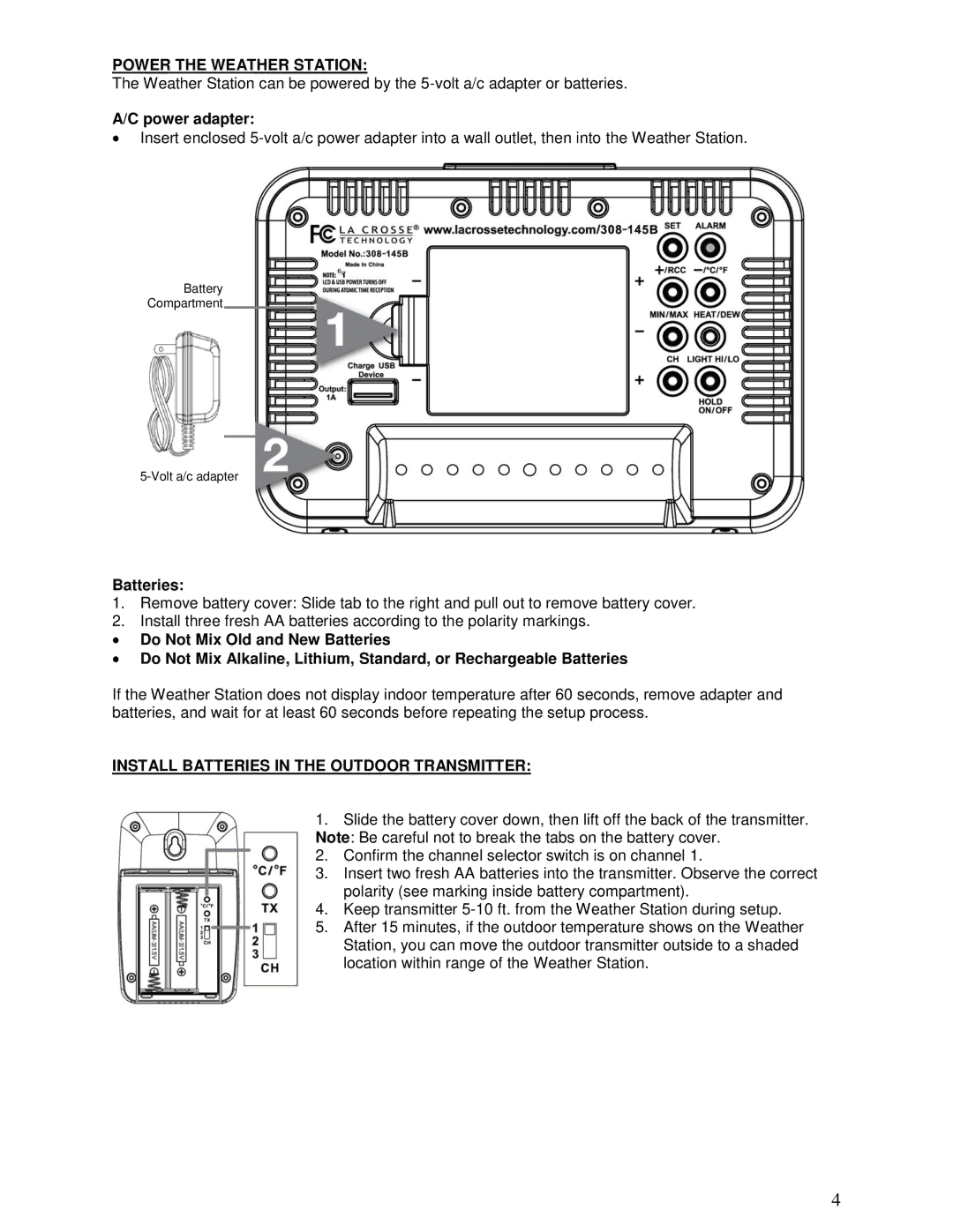 La Crosse Technology 308-145B manual Power adapter, Batteries 