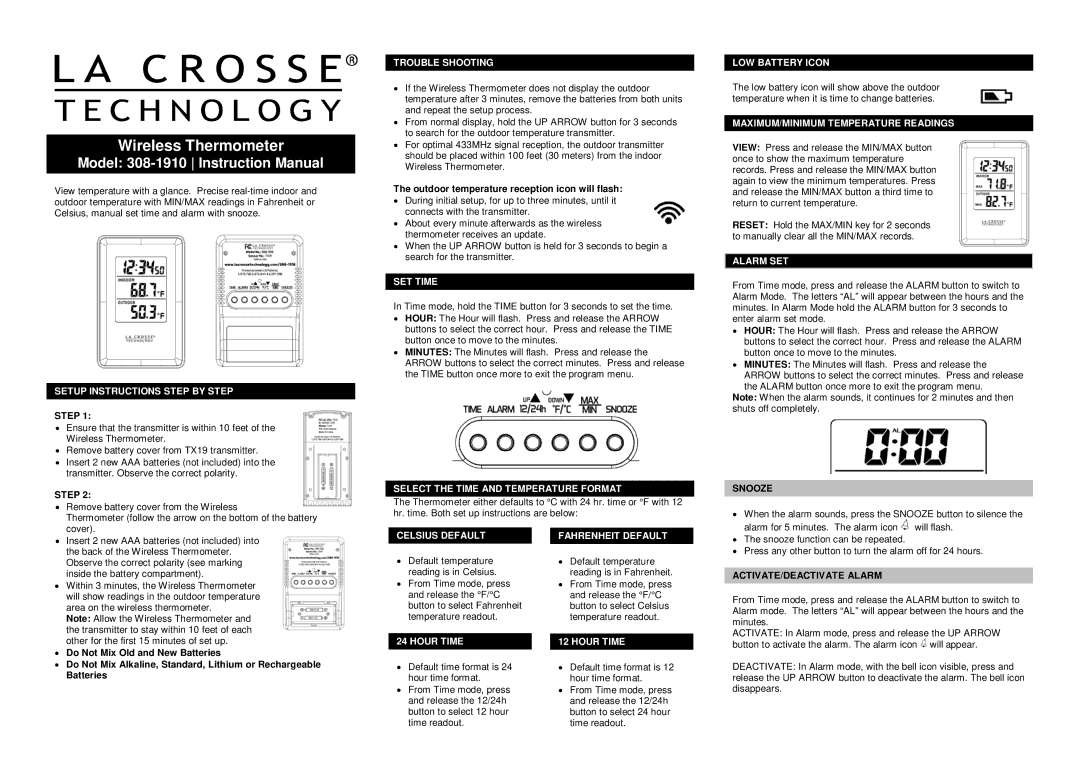 La Crosse Technology 308-1910 instruction manual Setup Instructions Step by Step, Trouble Shooting, SET Time, Alarm SET 