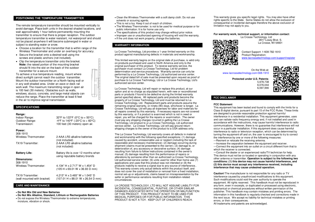 La Crosse Technology 308-1910 instruction manual Positioning the Temperature Transmitter, Specifications 