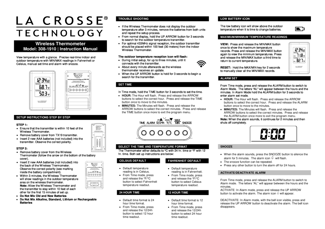 La Crosse Technology 308-1910 instruction manual Step, The outdoor temperature reception icon will flash, Snooze 