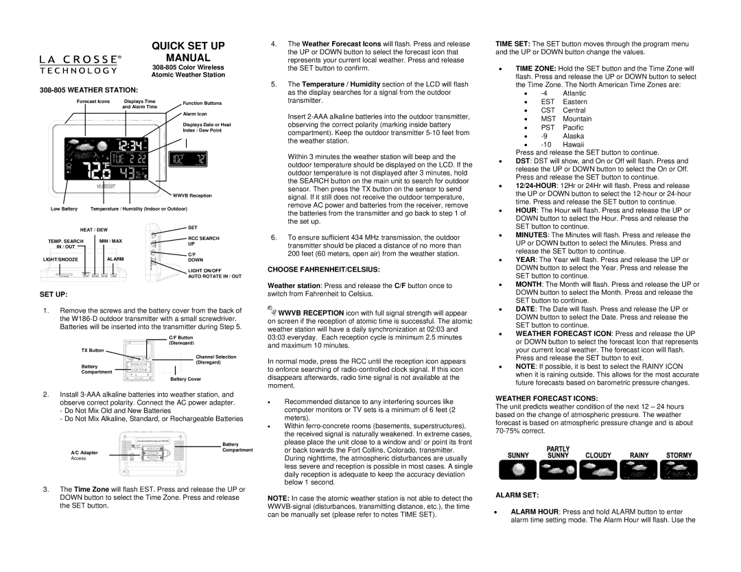 La Crosse Technology 308-805 COLOR WIRELESS quick setup manual Weather Station, Set Up, Choose FAHRENHEIT/CELSIUS 