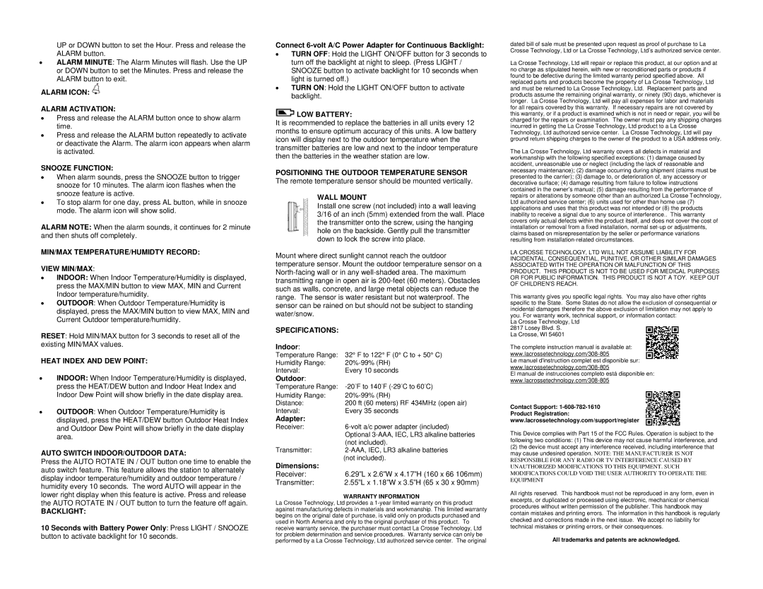 La Crosse Technology 308-805 COLOR WIRELESS Alarm Icon Alarm Activation, Snooze Function, Heat Index and DEW Point 