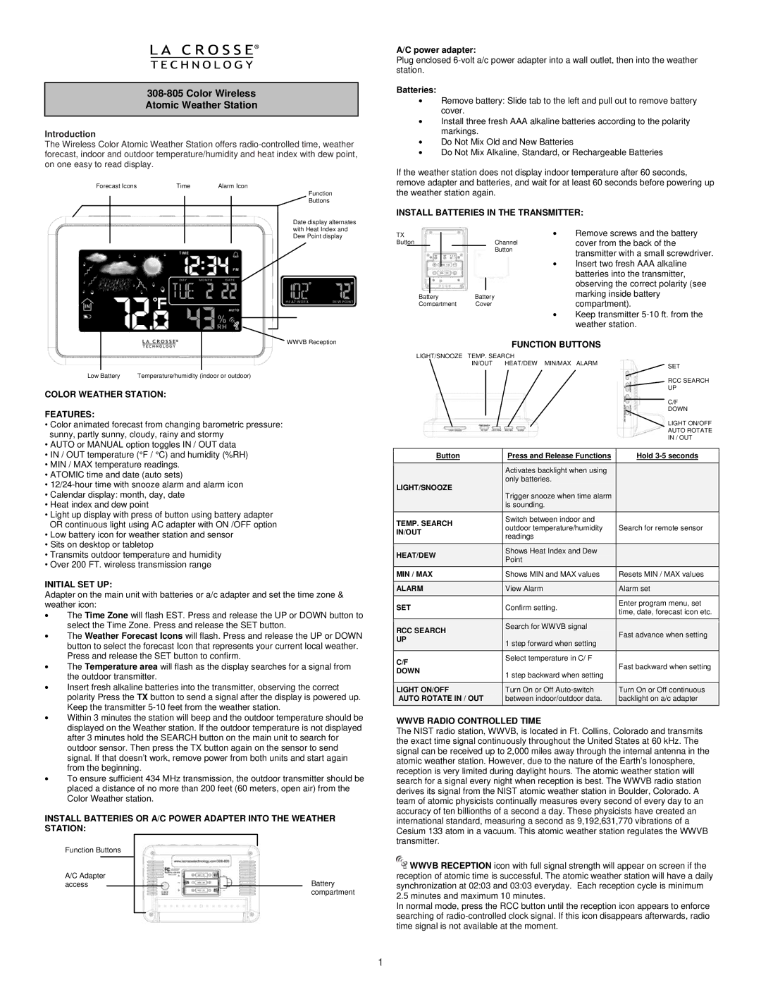 La Crosse Technology 308-805 manual Color Weather Station Features, Initial SET UP, Install Batteries in the Transmitter 