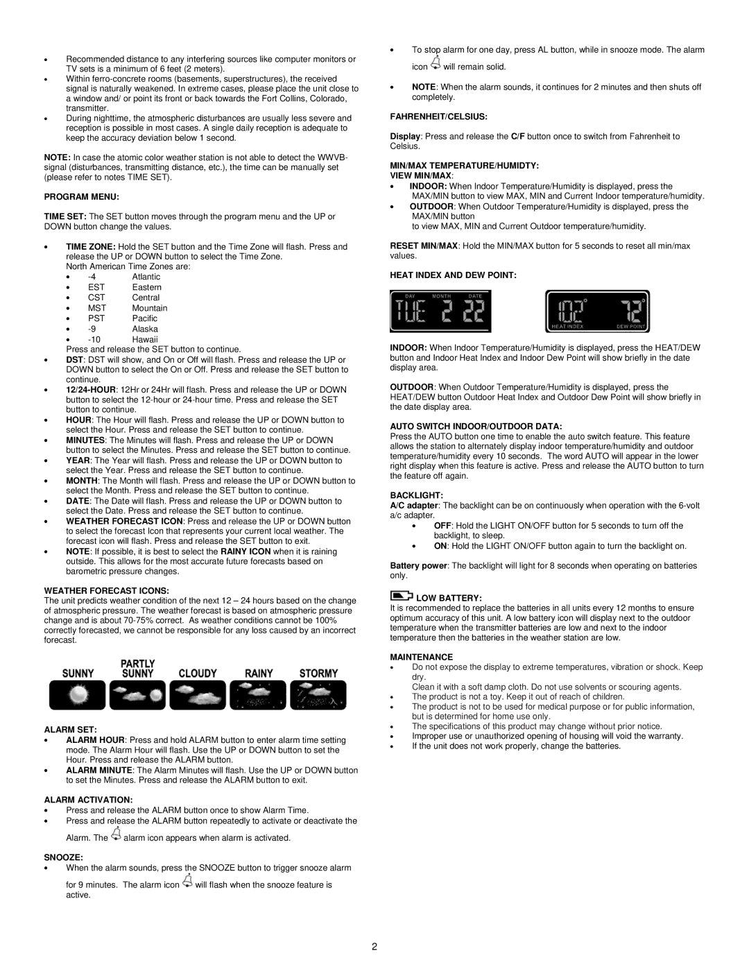 La Crosse Technology 308-805 Program Menu, Weather Forecast Icons, Alarm SET, Alarm Activation, Snooze, Fahrenheit/Celsius 