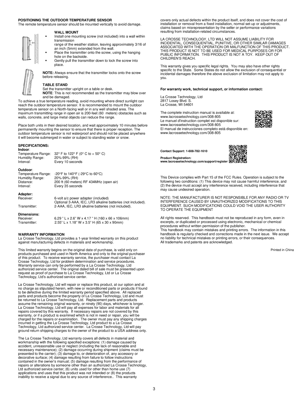 La Crosse Technology 308-805 manual Positioning the Outdoor Temperature Sensor, Wall Mount, Table Stand, Specifications 