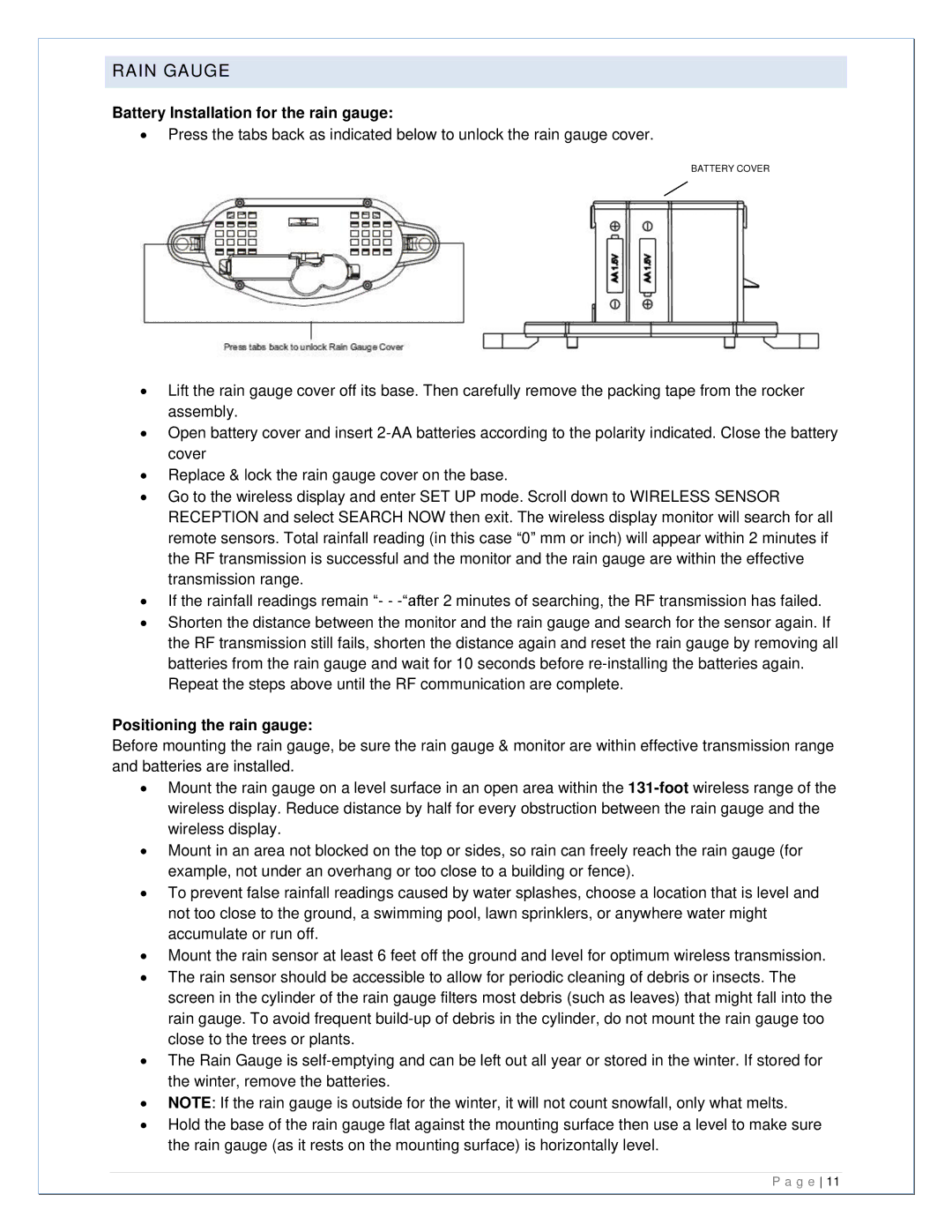 La Crosse Technology 308-807 manual Battery Installation for the rain gauge, Positioning the rain gauge 