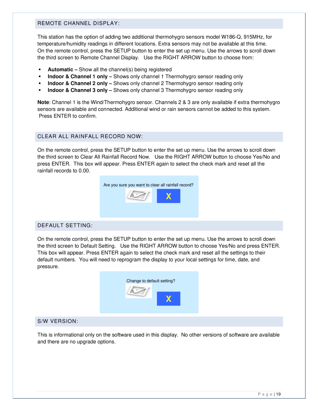 La Crosse Technology 308-807 manual Remote Channel Display, Clear ALL Rainfall Record NOW, Default Setting, Version 