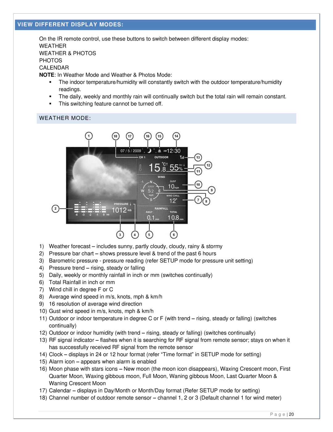 La Crosse Technology 308-807 manual View Different Display Modes, Weather Weather & Photos Photos Calendar, Weather Mode 