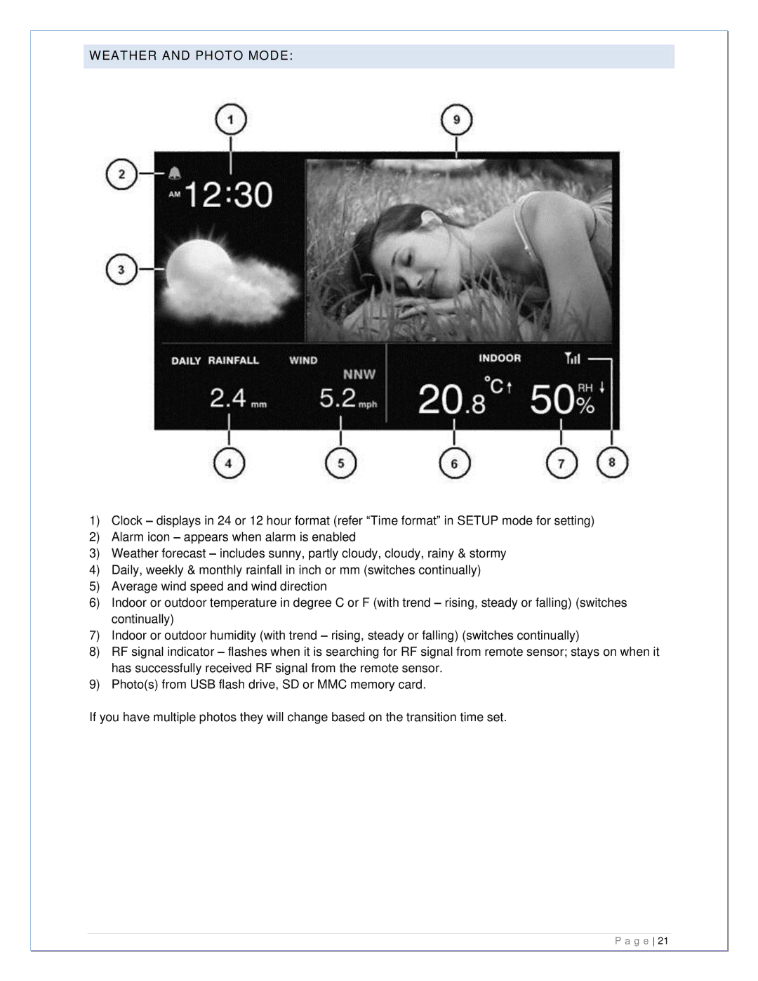 La Crosse Technology 308-807 manual Weather and Photo Mode 