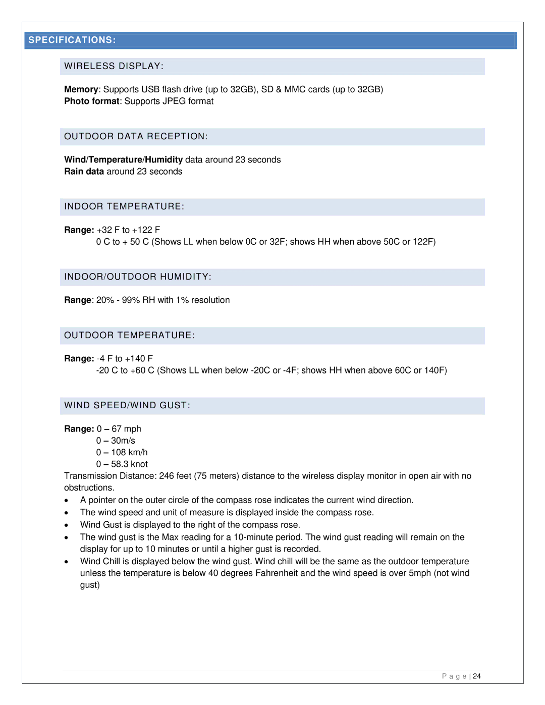 La Crosse Technology 308-807 manual Specifications, Wind/Temperature/Humidity data around 23 seconds 