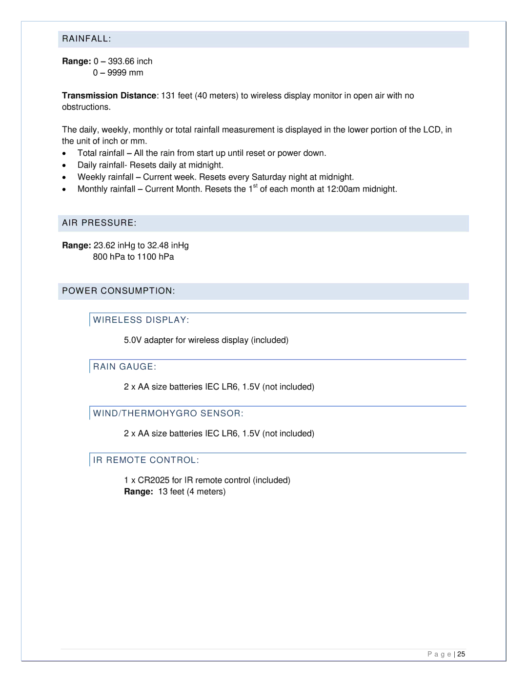 La Crosse Technology 308-807 manual Rainfall, AIR Pressure, Power Consumption 