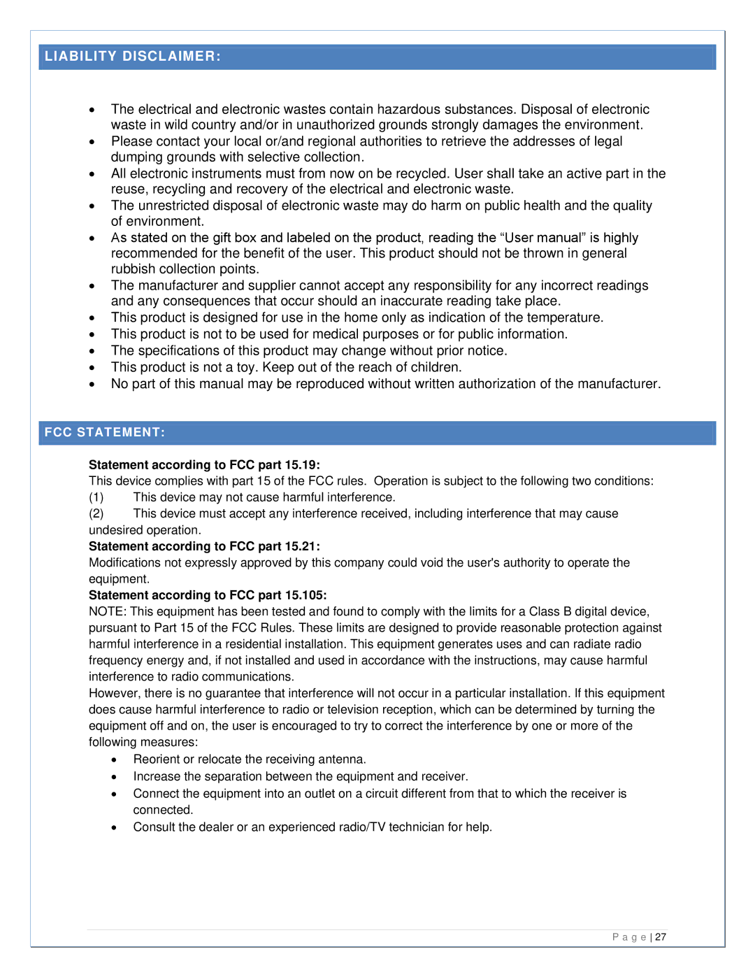 La Crosse Technology 308-807 manual Liability Disclaimer, FCC Statement, Statement according to FCC part 