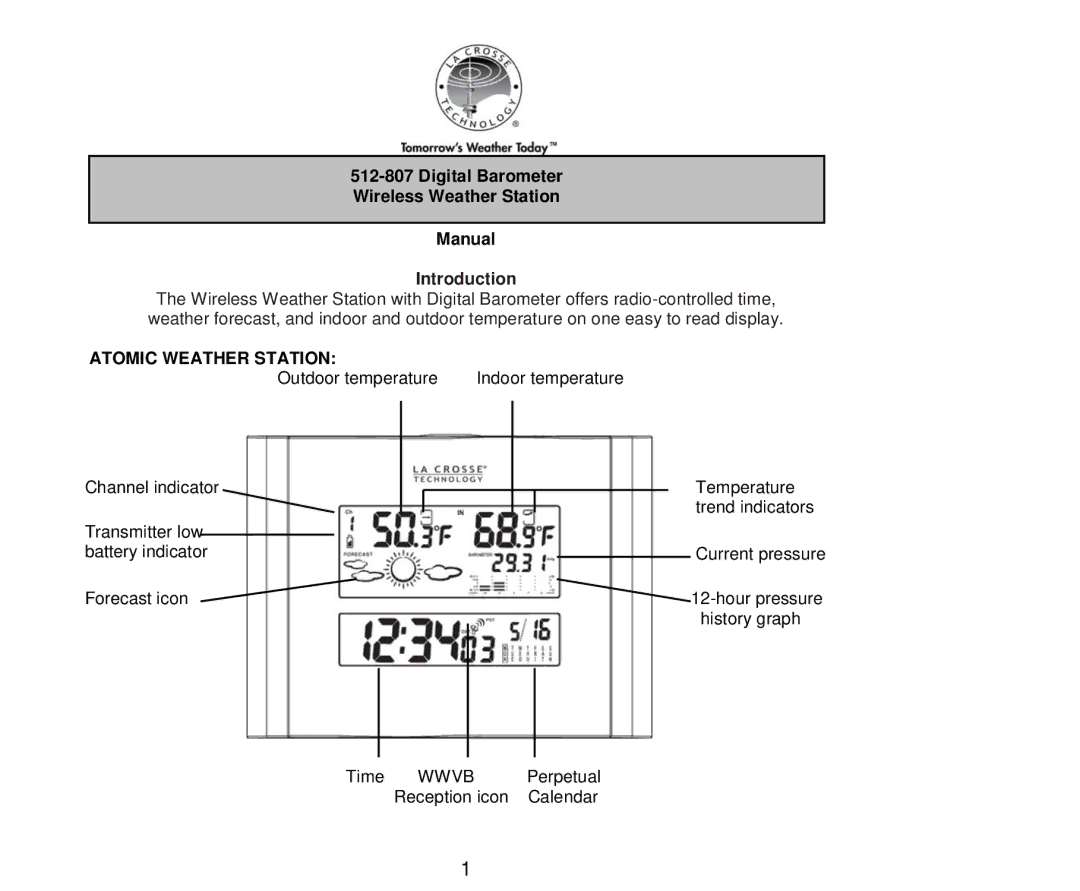 La Crosse Technology 512-807 manual Introduction, Atomic Weather Station 