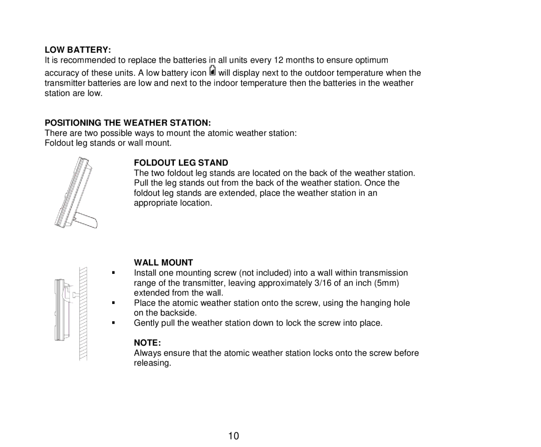 La Crosse Technology 512-807 manual LOW Battery, Positioning the Weather Station, Foldout LEG Stand, Wall Mount 