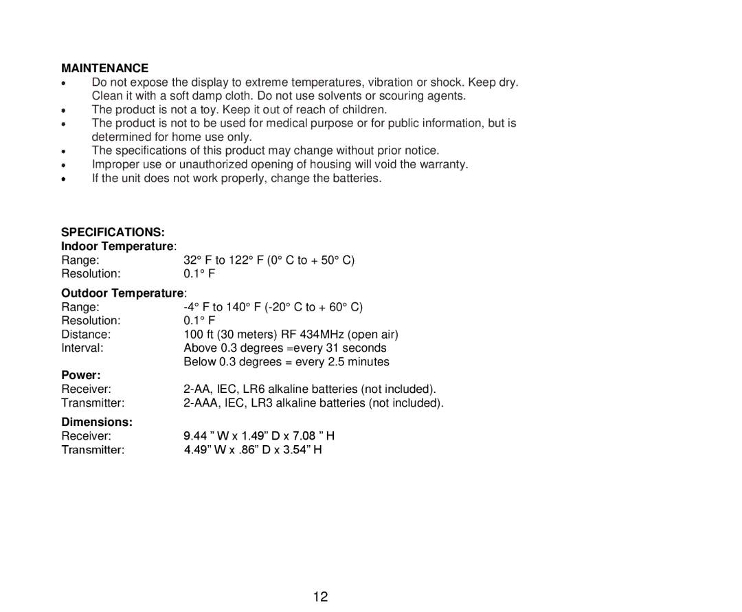 La Crosse Technology 512-807 manual Maintenance, Specifications 