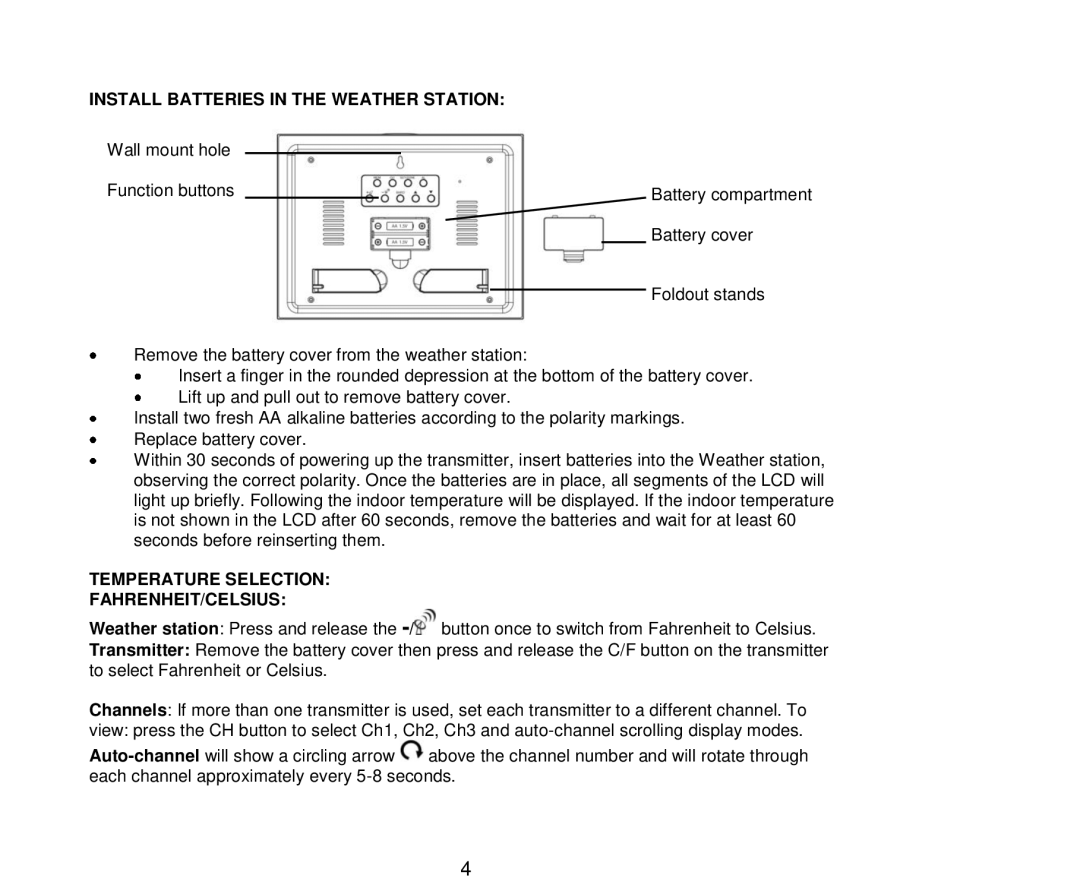 La Crosse Technology 512-807 manual Install Batteries in the Weather Station, Temperature Selection FAHRENHEIT/CELSIUS 