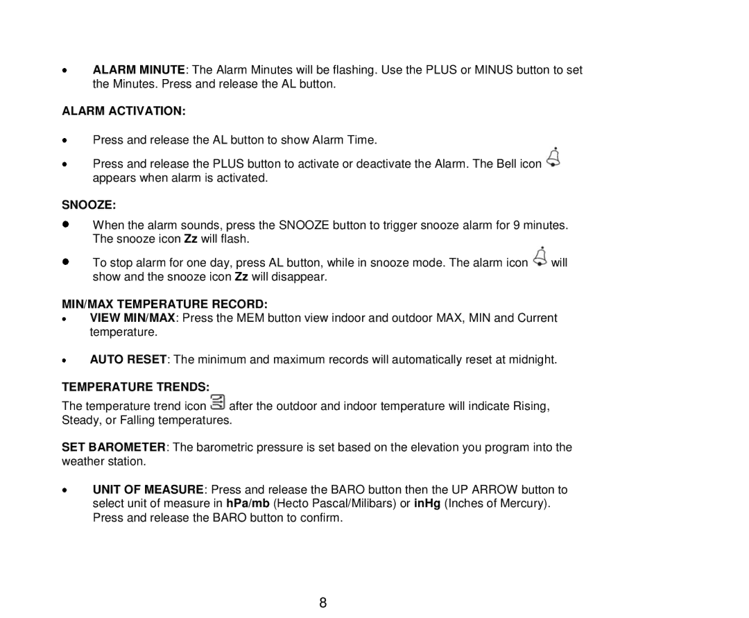 La Crosse Technology 512-807 manual Alarm Activation, MIN/MAX Temperature Record, Temperature Trends 
